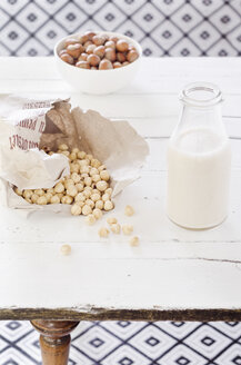 Ingredients for hazel nut milk on wooden table - CZF000102