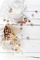 Ingredients for hazel nut milk on wooden table - CZF000104