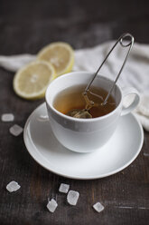 Teezubereitung mit Teesieb in Tasse, Zitronenscheiben, Kandiszucker auf Holztisch, Atelier - SBDF000314