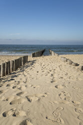 Netherlands, Holland, Zeeland district, Domburg, wooden stakes on the beach - MYF000060