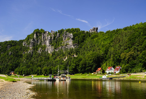 Germany, Saxony, Rathen, Reaction ferry at River Elbe stock photo