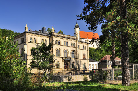 Deutschland, Sachsen, Tharandt, Akademie für Forstwirtschaft und Pfarrkirche, lizenzfreies Stockfoto