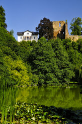 Germany, Saxony, Tharandt, Ruin of castle Oberburg at castle pond - BTF000155