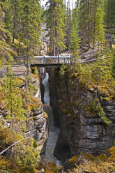 Kanada, Alberta, Rocky Mountains, Jasper National Park, Fußgängerbrücke am Maligne Canyon - UMF000651