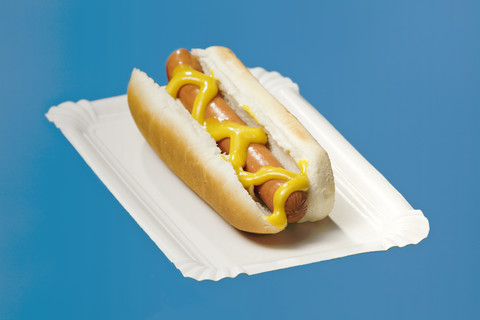 Hot dog on wooden plate stock photo