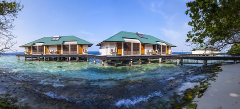 Maledives, South-Male-Atoll, Embudu, water bungalows stock photo