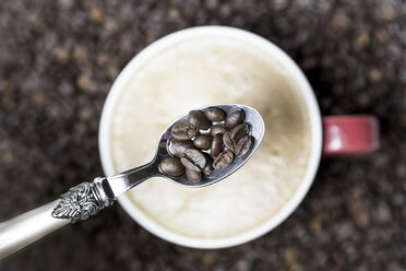 Kaffeebohnen, eine Tasse Kaffee und ein Löffel - SARF000143