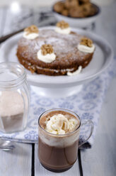Walnut cake with Mascobado sugar and a glass of hot chocolate - ODF000694