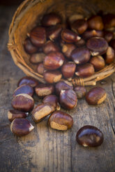 Basket and sweet chestnuts (Castanea sativa) on wooden table - LVF000350