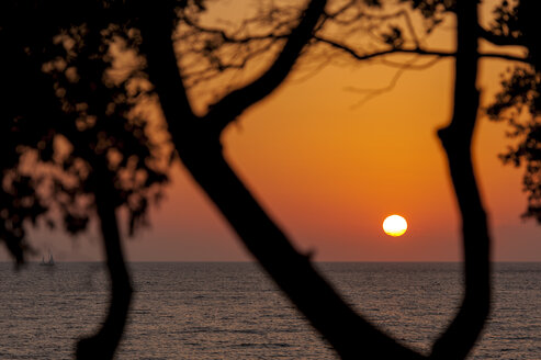 Kroatien, Vrsar, Sonnenuntergang über dem Meer mit Bäumen und Boot - KJF000257