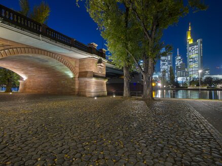 Deutschland, Hessen, Frankfurt, Blick auf Untermainbrücke und Skyline bei Nacht - AMF001382