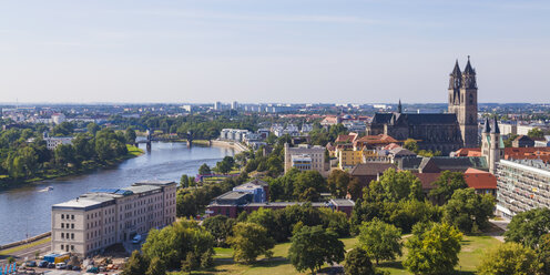 Germany, Saxony-Anhalt, Magdeburg, Cityscape with River Elbe and cathedral - WDF002074