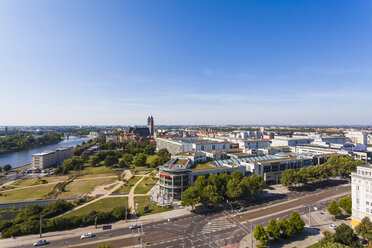 Germany, Saxony-Anhalt, Magdeburg, Cityscape with River Elbe, cathedral and shopping mall - WD002045