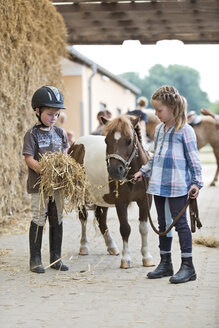 Germany, NRW, Korchenbroich, Boy and Girl at riding stable with mini shetland pony - CLPF000013