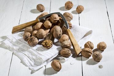 Walnuts (Juglans regia), nutcracker and dishtowel on white wooden table - MAEF007452