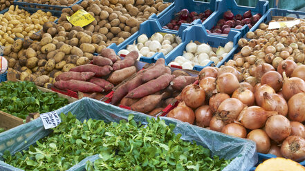 Deutschland, Wiesbaden, Salat, Zwiebeln und Kartoffeln auf dem Markt - MHF000237