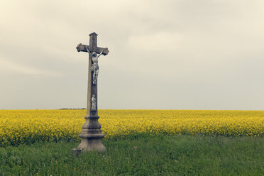 Czechia, Onsov, crucifix in front of a rape field - GFF000319