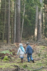 Deutschland, Nordrhein-Westfalen, Mönchengladbach, Szene aus dem Märchen Hänsel und Gretel, Bruder und Schwester im Wald - CLPF000016