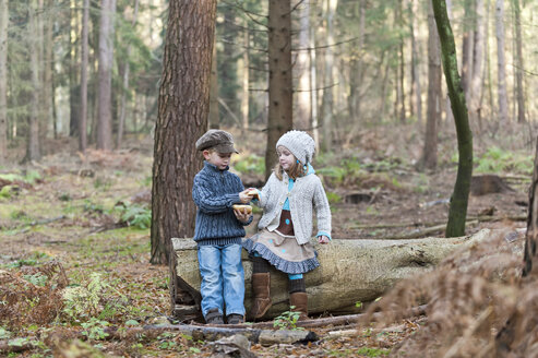 Deutschland, Nordrhein-Westfalen, Mönchengladbach, Szene aus dem Märchen Hänsel und Gretel, Bruder und Schwester essen Brot im Wald - CLPF000022