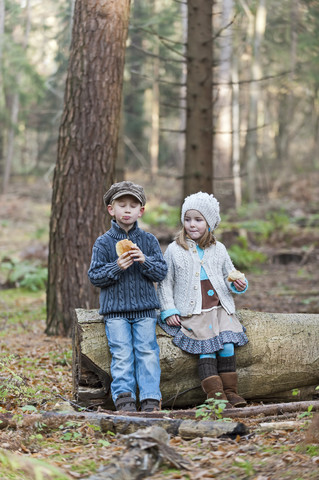 Deutschland, Nordrhein-Westfalen, Mönchengladbach, Szene aus dem Märchen Hänsel und Gretel, Bruder und Schwester essen Brot im Wald, lizenzfreies Stockfoto