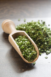 Scoop with dried chives on wooden table - SARF000151