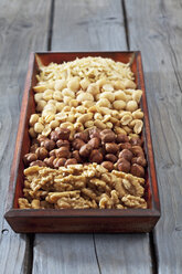 Wooden tray with different nuts on wooden table - CSF020502