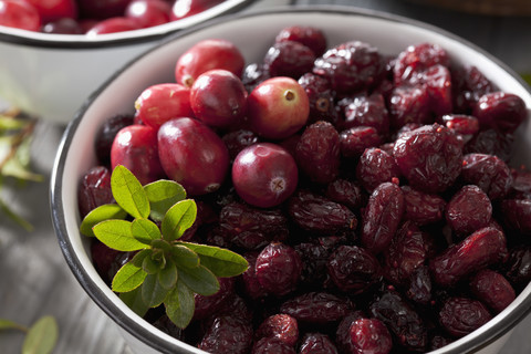 Zwei Schalen mit getrockneten und frischen Preiselbeeren (Vaccinium macrocarpon), Nahaufnahme, lizenzfreies Stockfoto