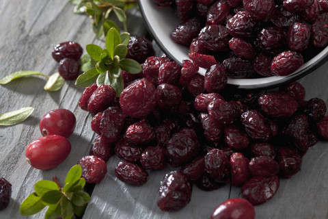 Schale mit getrockneten Cranberries (Vaccinium macrocarpon) auf grauem Holztisch, lizenzfreies Stockfoto