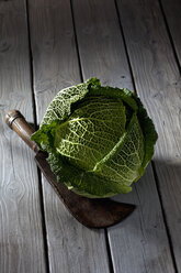 Savoy (Brassica oleracea convar. capitata var. sabauda) and and antique knife on grey wooden table - CSF020588