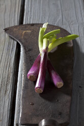 Coloured spring onions on blade of antique chopping knife - CSF020573