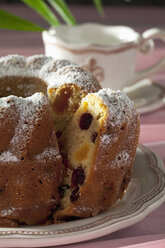 Sliced ringcake with cranberries and apricots on baking with powdered sugar on well-laid table - CSF020527