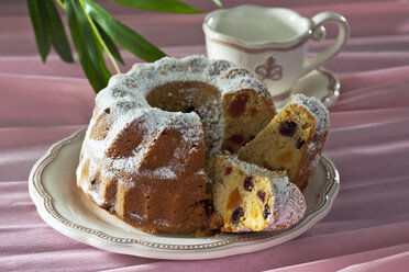 Sliced ringcake with cranberries and apricots on baking with powdered sugar on well-laid table - CSF020526