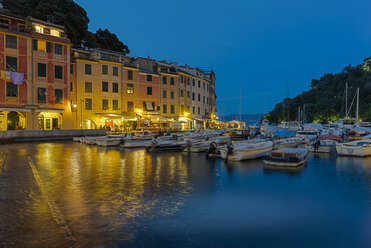 Italy, Liguria, Portofino, Boats in harbour at blue hour - AMF001507