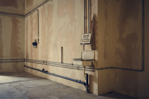 Germany, Bavaria, old storage, basin and pipes stock photo