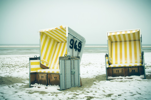 Germany, Lower Saxony, beach chairs at the beach of Langeoog stock photo