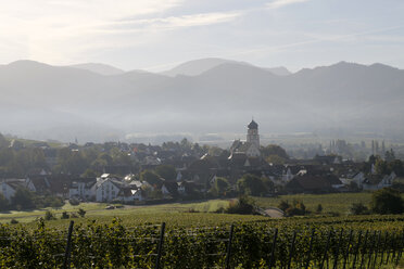 Deutschland, Baden-Württemberg, Kirchhofen, Blick auf den Ort mit Belchen im Hintergrund - DHL000205