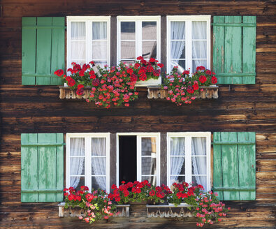 Schweiz, Berner Oberland, Fenster mit Blumenkästen eines Bauernhauses - WWF002941
