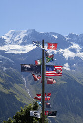 Switzerland, Grimmelwald, Inernational flag pole at Jungfrau-Aletsch-Bietschhorn nature heritage site - WWF002954