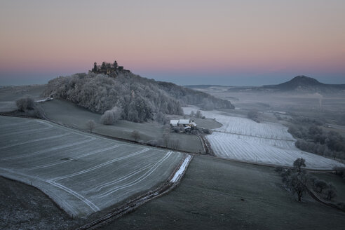 Germany, Baden-Wuerttemberg, Konstanz district, Hegau with Hohenkraehen in the morning, Maegdeberg left and Hohenhewen right - ELF000754