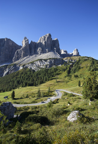 Italien, Südtirol, Grödnerjoch und Sella-Gruppe, lizenzfreies Stockfoto