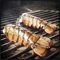 Lobster tails grilling over hot charcoal - ABAF001137