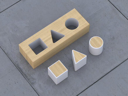 Geometrische Formen auf Betonboden liegend, 3D Rendering - UWF000013