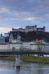 Austria, Salzburg State, Salzburg, fortress Hohensalzburg with old town and towers of Salzburg Cathedral, Salzach River - GF000343