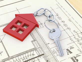 Schlüssel mit rotem Schlüsselanhänger in Form eines Hauses auf Bauplan liegend, 3D-Rendering - UWF000014