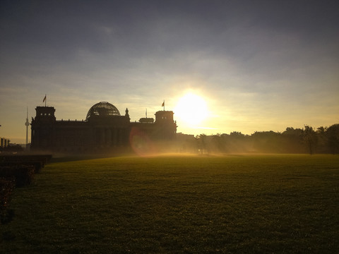 Sunrise and fog at Reichstag, Berlin, Germany stock photo