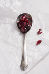 Silver spoon with fresh and dried cranberries on white paper - MYF000098