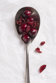 Silberlöffel mit frischen und getrockneten Cranberries auf weißem Papier, Nahaufnahme - MYF000099