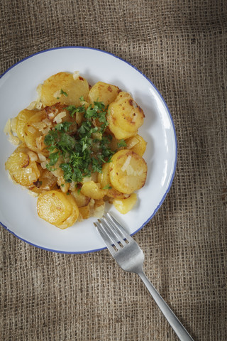 Gericht mit Bratkartoffeln, Zwiebeln und Petersilie, lizenzfreies Stockfoto