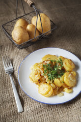 Gericht mit Bratkartoffeln, Zwiebeln und Petersilie und rohen Kartoffeln im Drahtkorb - EVGF000326