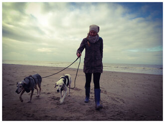 Spaziergang mit Hund am Meer, Winter, Niederlande, Ouddorp, Nordsee - ONF000323